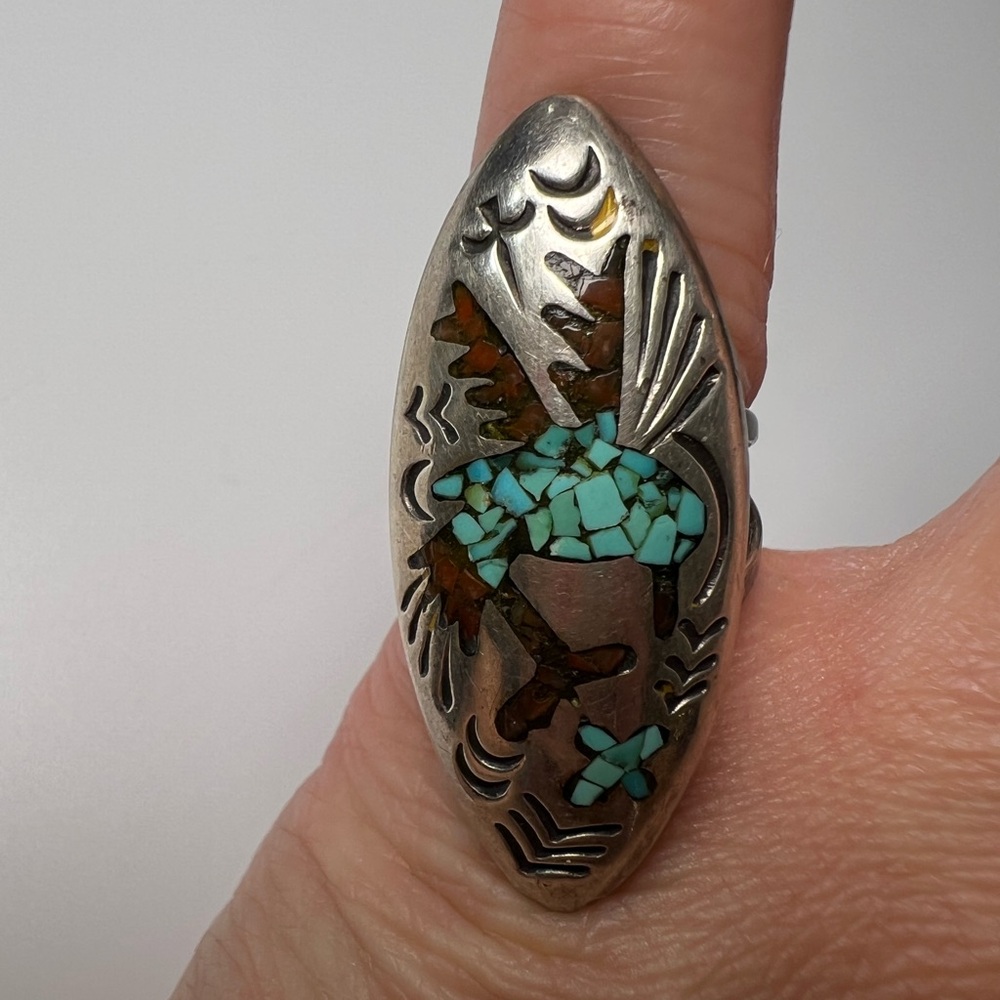 Dancing Bird Turquoise & Coral Sterling Silver 925 Ring, Size 6.5